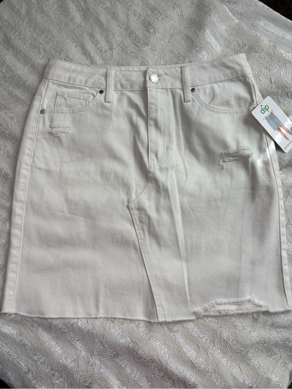 dip White High Waisted Denim Distressed Skirt